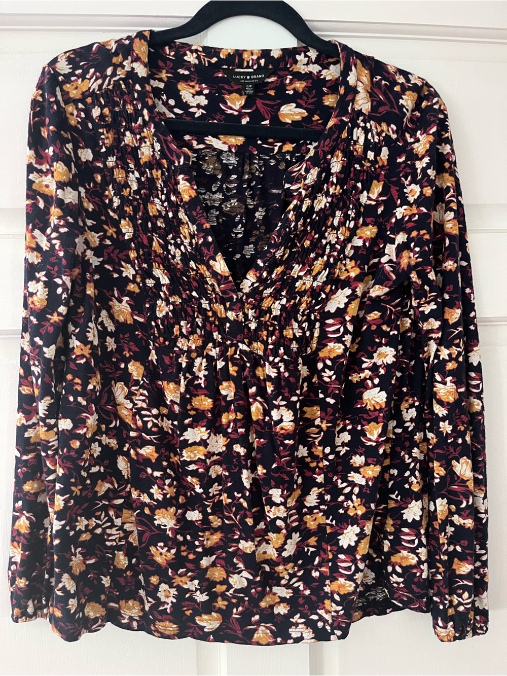Lucky Brand Black Floral Long-Sleeve Smocked V-Neck Blouse